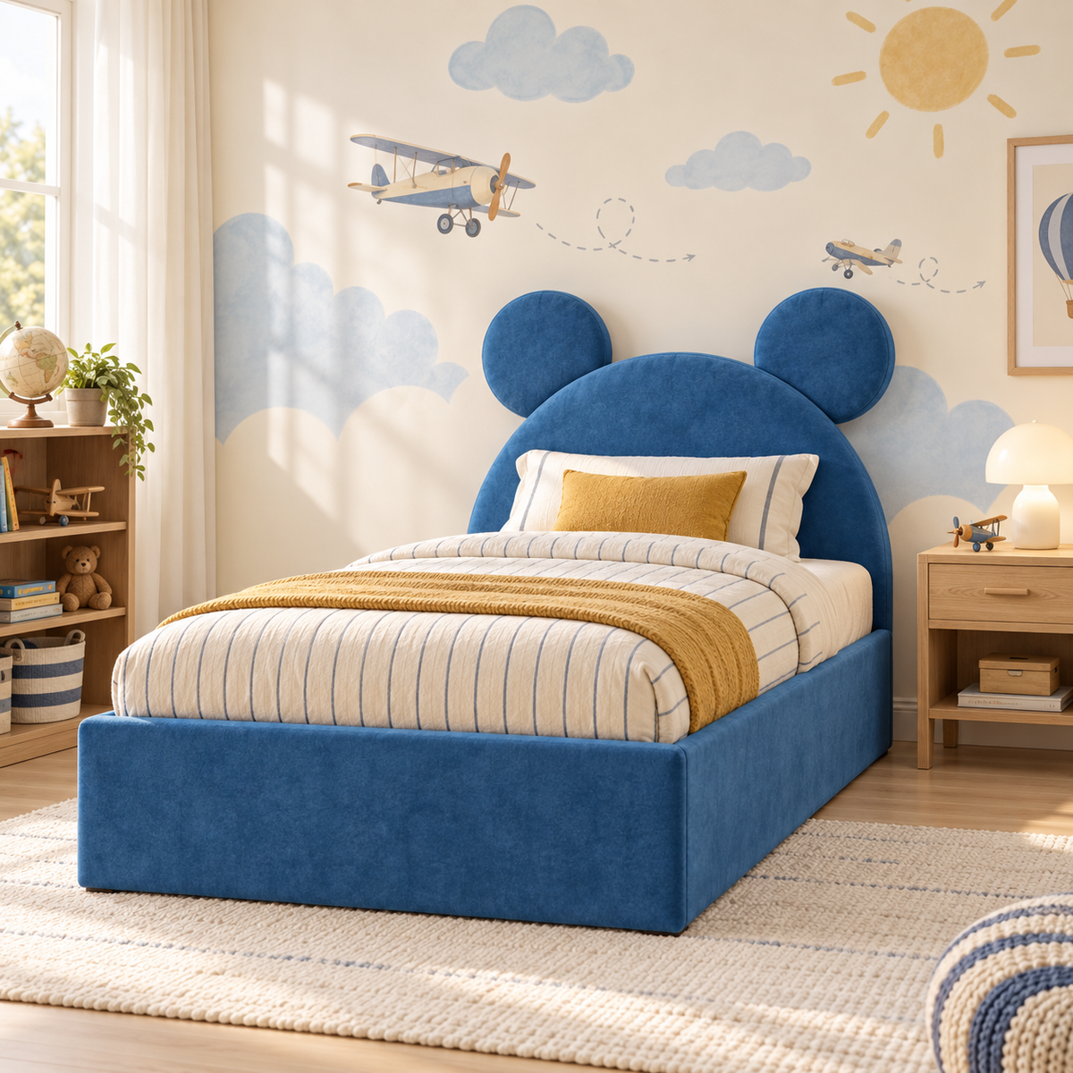 Remy Kids Bed Frame in vibrant ocean blue, main styled bedroom view