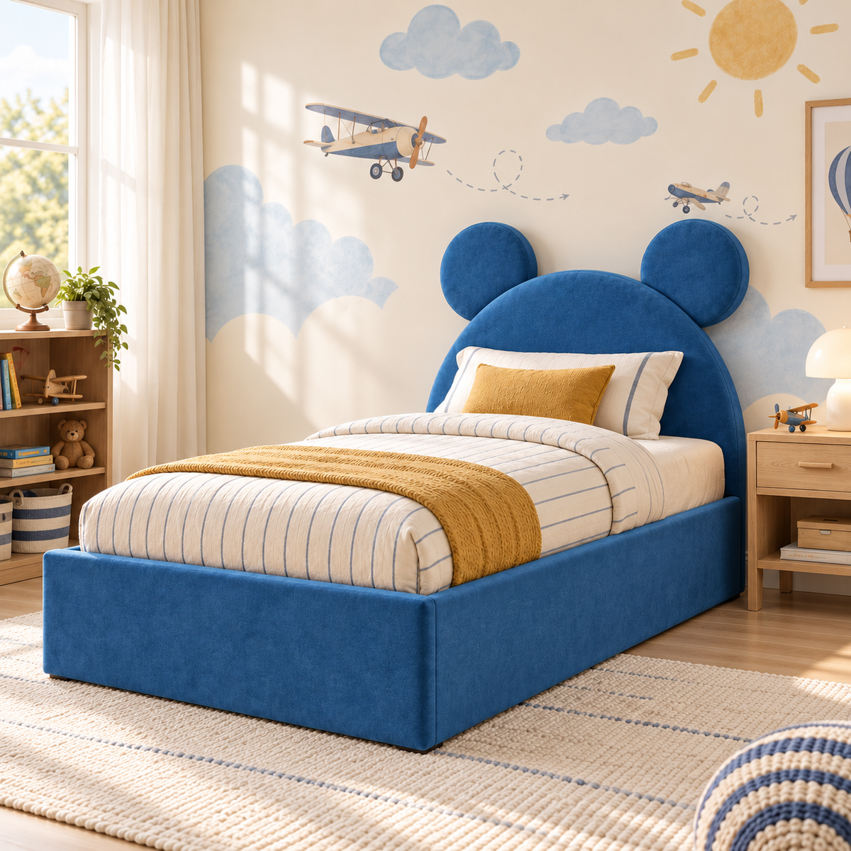 Remy Kids Bed Frame in vibrant ocean blue, right-side view