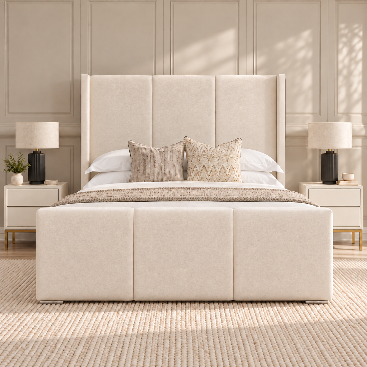 Savoy Wing Bed Frame with slim floorstanding wings outside the side rails – front view