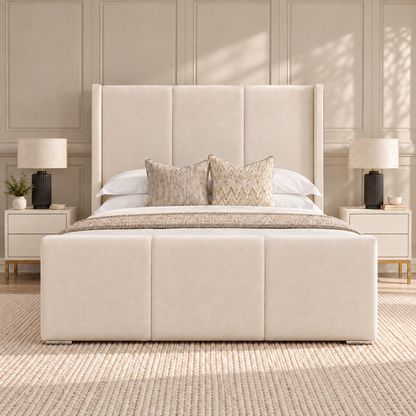 Savoy Wing Bed Frame with slim floorstanding wings outside the side rails – front view