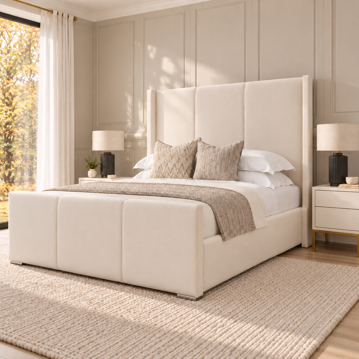 Savoy Wing Bed Frame with slim floorstanding wings outside the side rails – right three-quarter view