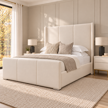 Savoy Wing Bed Frame with slim floorstanding wings outside the side rails – right three-quarter view