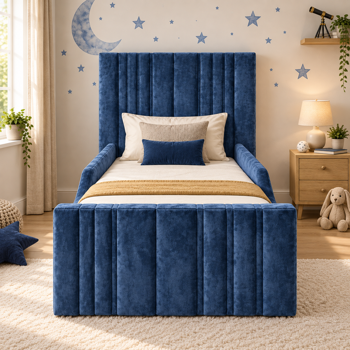 Sensatori Kids Bed Frame in rich denim blue, front angle view, shown with optional safety side rails