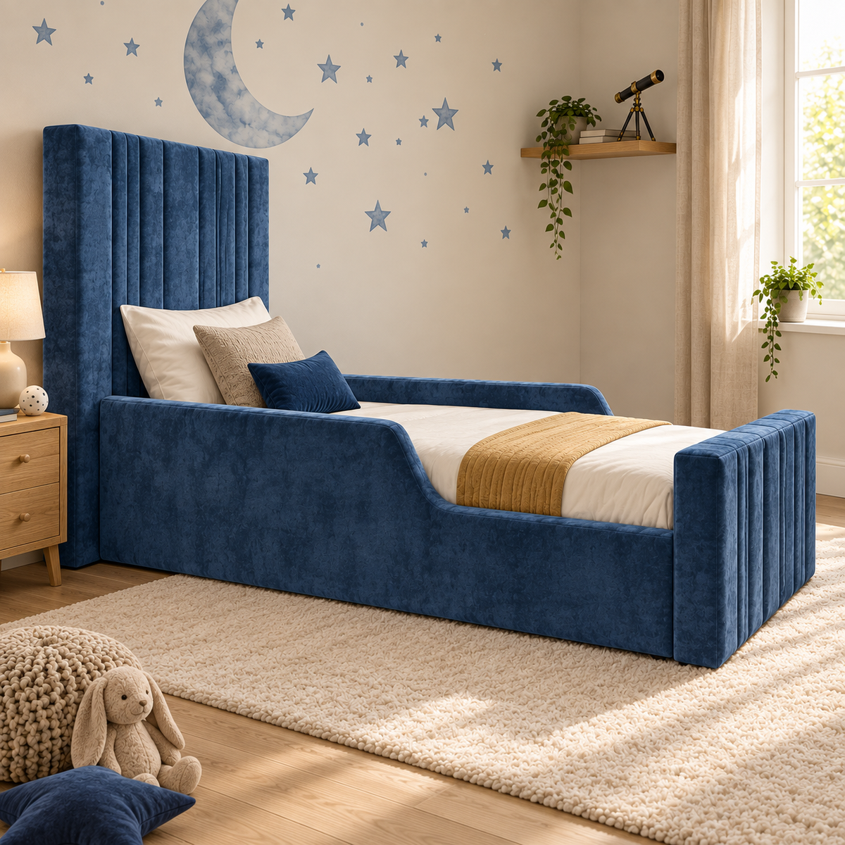 Sensatori Kids Bed Frame in rich denim blue, left angle view, shown with optional safety side rails