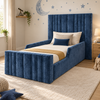Sensatori Kids Bed Frame in rich denim blue, styled bedroom main view, shown with optional safety side rails