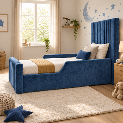 Sensatori Kids Bed Frame in rich denim blue, right angle view, shown with optional safety side rails