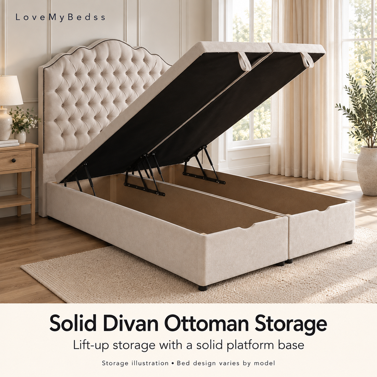 LoveMyBedss solid divan ottoman storage illustration with two separate timber storage boxes and solid lift-up lids; bed design varies by model