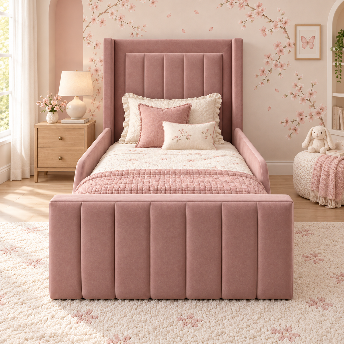 Sorelle Kids Bed Frame in soft muted rose-claret, front angle view, shown with optional safety side rails