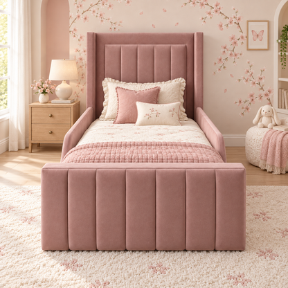 Sorelle Kids Bed Frame in soft muted rose-claret, front angle view, shown with optional safety side rails