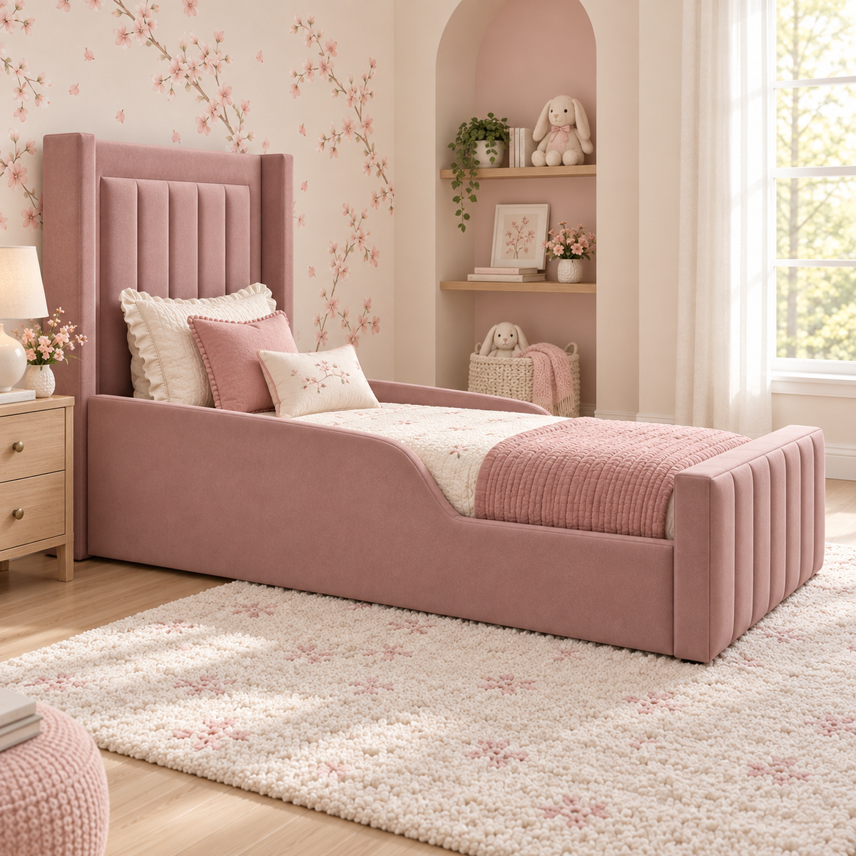 Sorelle Kids Bed Frame in soft muted rose-claret, left angle view, shown with optional safety side rails