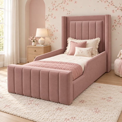 Sorelle Kids Bed Frame in soft muted rose-claret, styled bedroom main view, shown with optional safety side rails