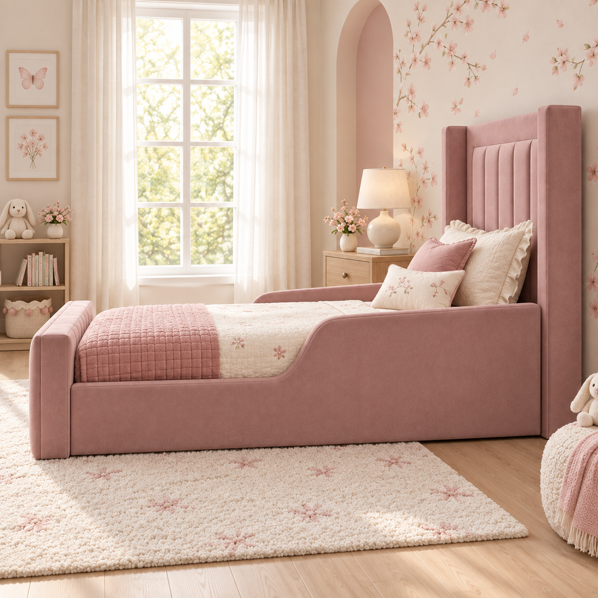 Sorelle Kids Bed Frame in soft muted rose-claret, right angle view, shown with optional safety side rails