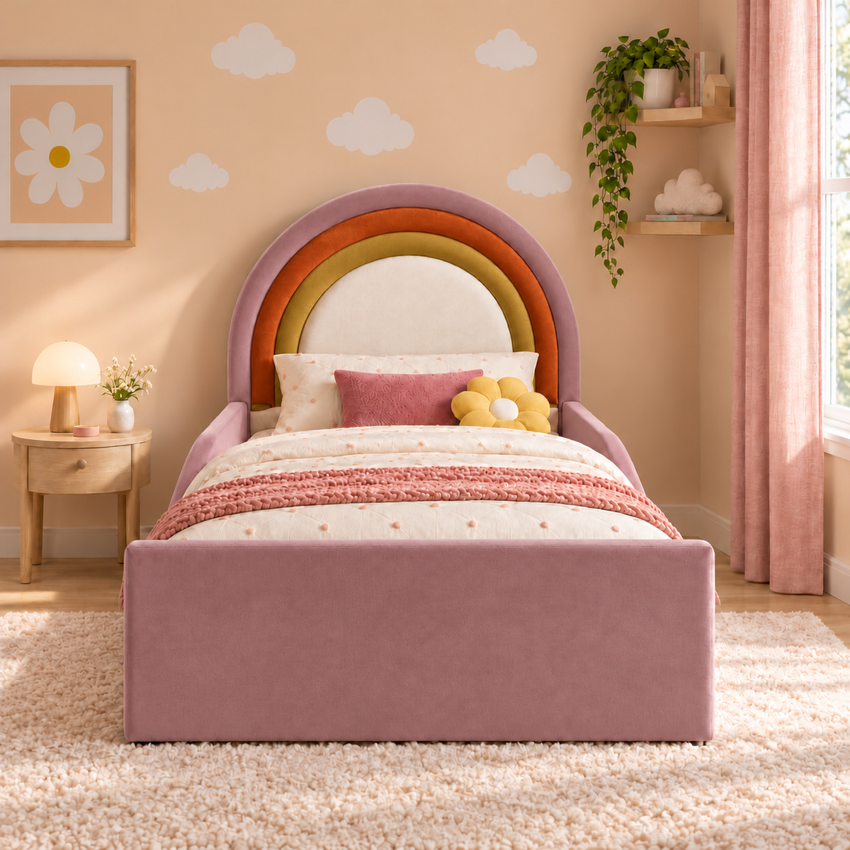 Luma kids bed, front view: mauve-pink outer arch and frame, Plush Orange middle arch, Plush Mustard inner arch and white centre, with low-profile side panels and a tall rectangular footboard; optional safety rails shown