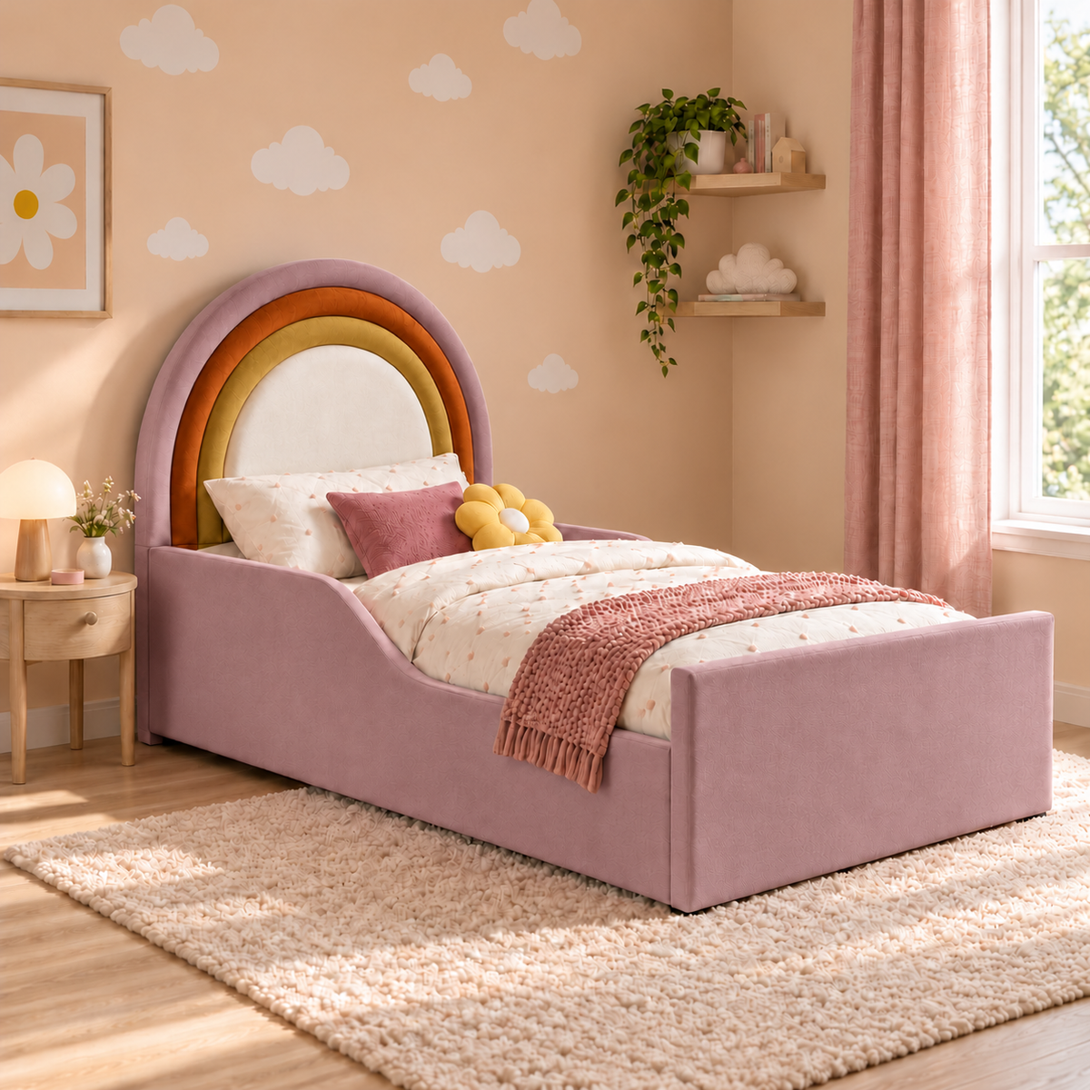 Luma kids bed, left view: mauve-pink outer arch and frame, Plush Orange middle arch, Plush Mustard inner arch and white centre, with low-profile side panels and a tall rectangular footboard; optional safety rails shown