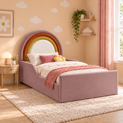 Luma kids bed, main view: mauve-pink outer arch and frame, Plush Orange middle arch, Plush Mustard inner arch and white centre, with low-profile side panels and a tall rectangular footboard; optional safety rails shown