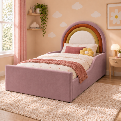 Luma kids bed, right view: mauve-pink outer arch and frame, Plush Orange middle arch, Plush Mustard inner arch and white centre, with low-profile side panels and a tall rectangular footboard; optional safety rails shown