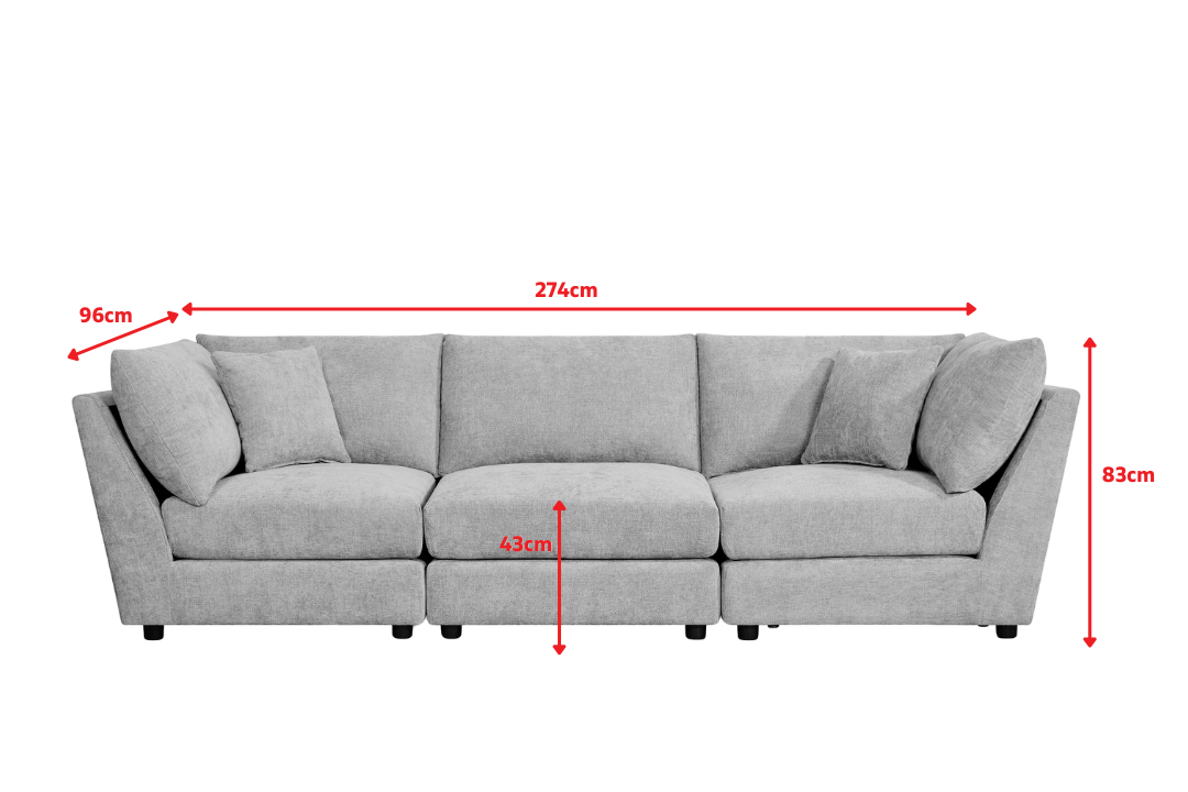 Madelyn 3 Seater Modular Sofa - Beige Chenille – dimension diagram (grey size reference)