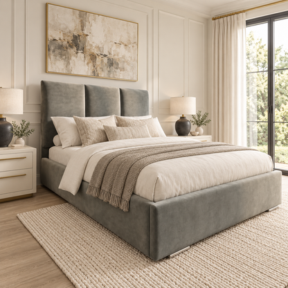 Marlowe Triple Panel Bed Frame In Plush Grey, Showing The Headboard And Footboard In A Neutral Bedroom