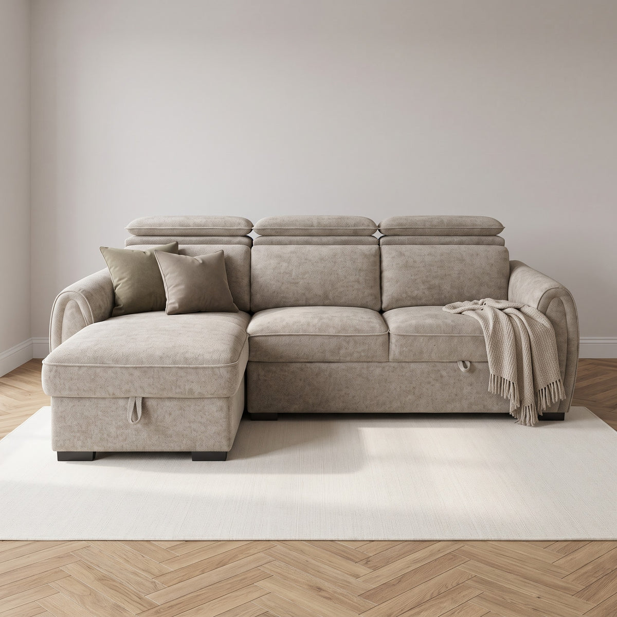 Montrose Universal Storage Sofa Bed - Mushroom in a neutral living room