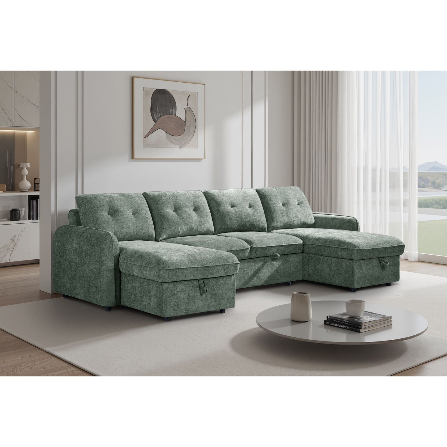 Moscow U Shaped Storage Sofa Bed - Olive