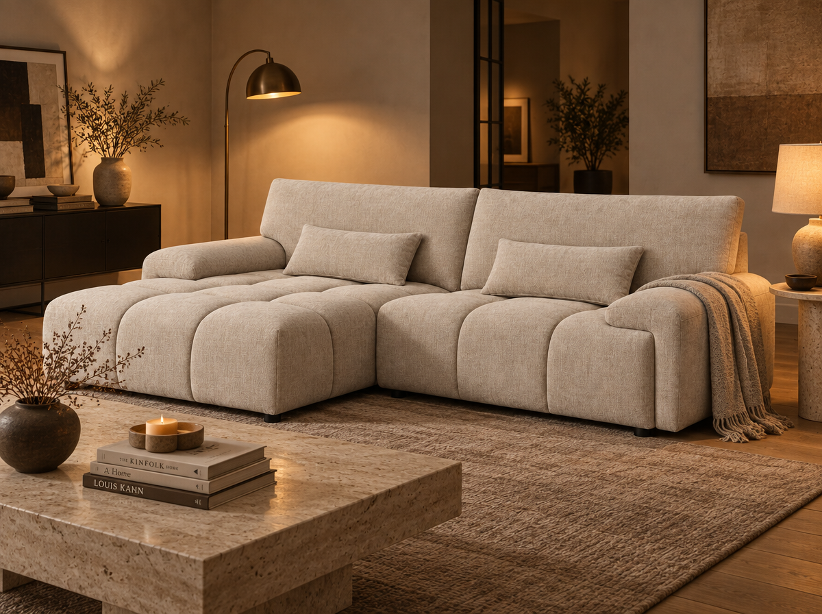 Oakham beige universal corner sofa in a living room