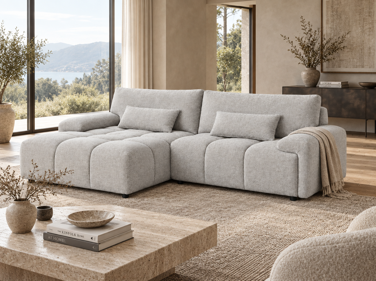 Oakham light grey universal corner sofa in a living room