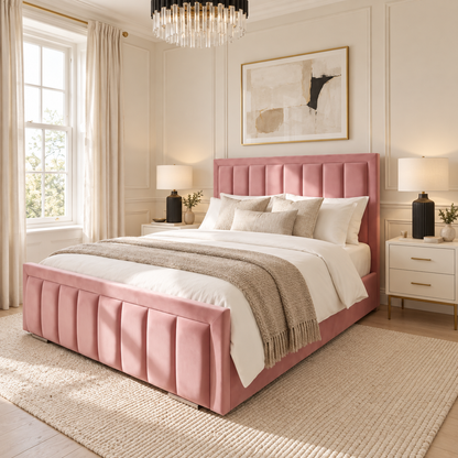 Orlena Panel Bed Frame In Plush Pink, Showing The Headboard And Footboard In A Neutral Bedroom