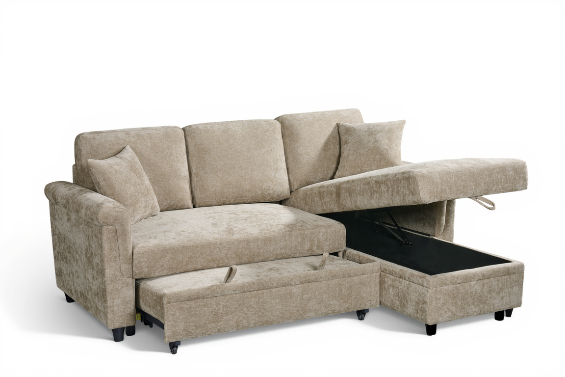 Oscar Beige storage corner sofa bed – bed and storage view