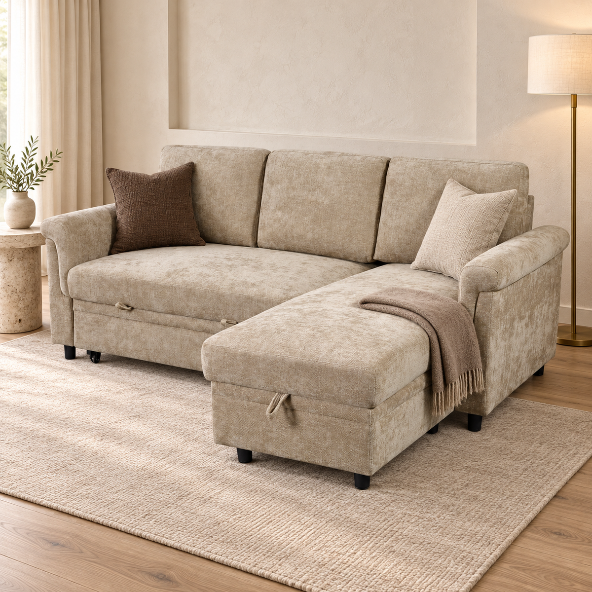 Oscar Beige storage corner sofa bed in a luxury living room