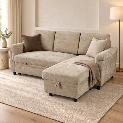 Oscar Beige storage corner sofa bed in a luxury living room