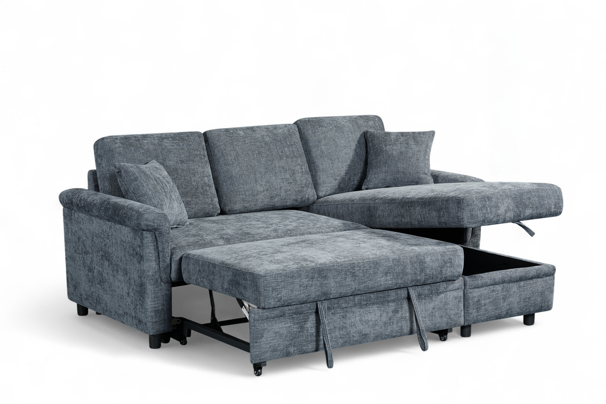 Oscar Blue storage corner sofa bed – bed and storage view