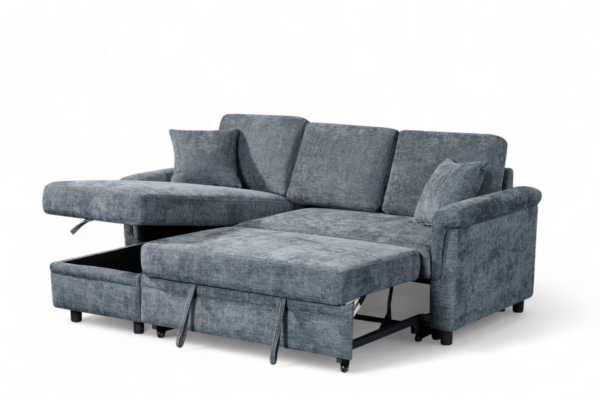 Oscar Blue storage corner sofa bed – left storage view