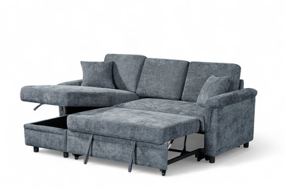 Oscar Blue storage corner sofa bed – left storage view