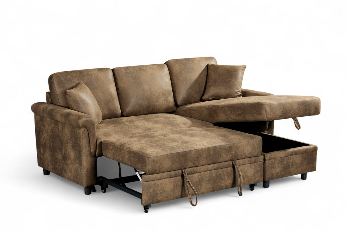 Oscar Brown storage corner sofa bed – bed and storage view