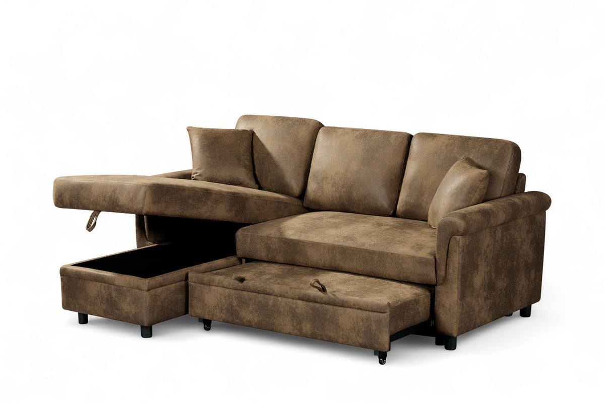 Oscar Brown storage corner sofa bed – storage view