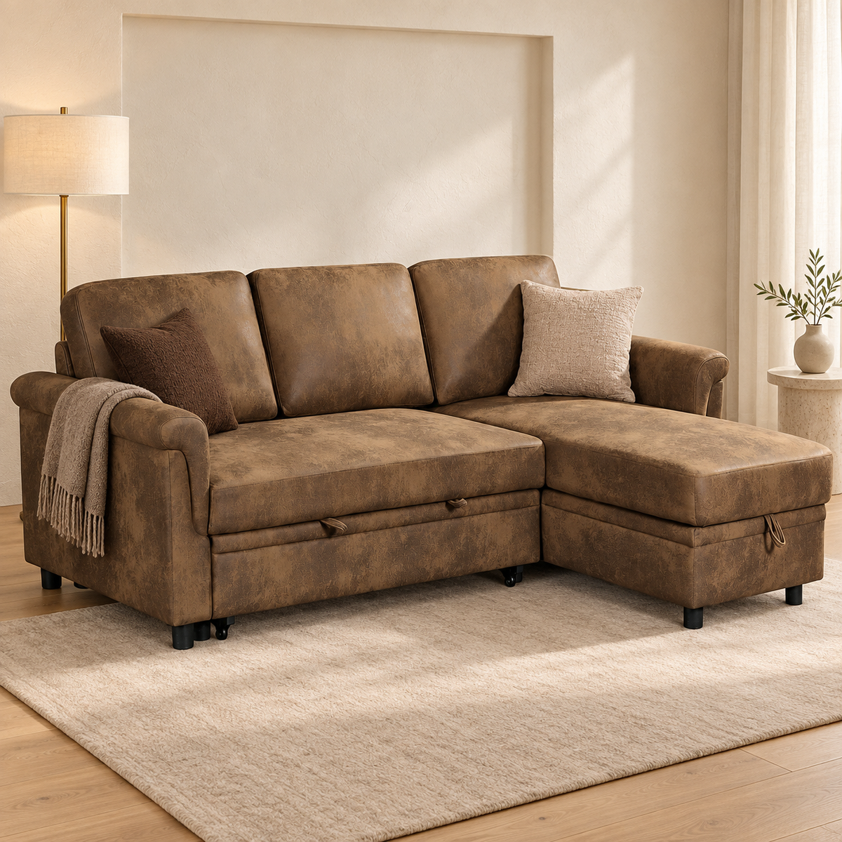Oscar Brown storage corner sofa bed in a luxury living room
