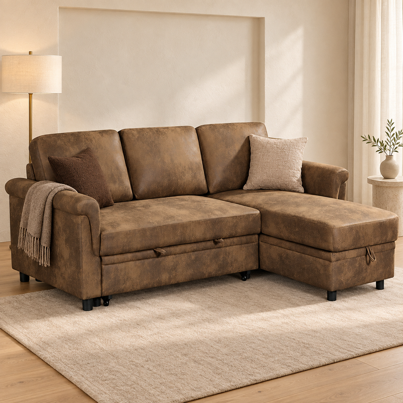 Oscar Storage Corner Sofa Bed – Brown