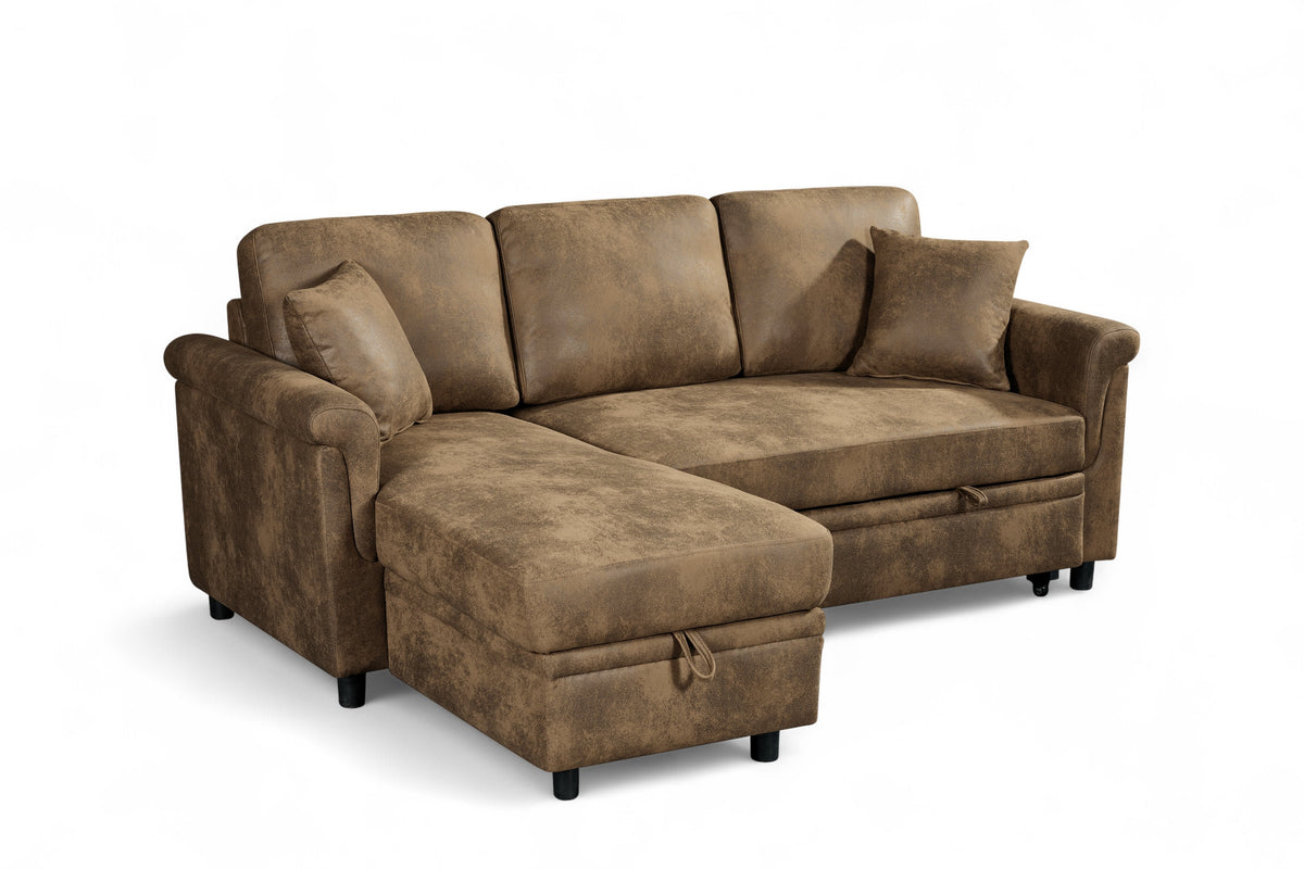 Oscar sofa bed reference – Faux Leather Suede Brown 1C2 Corner Sofabed with Chaise OSCAR Front Angle 2