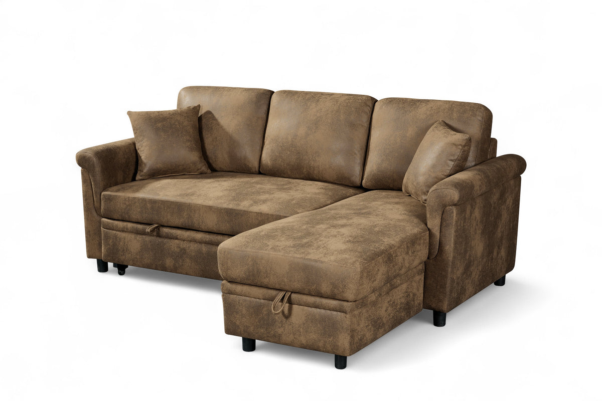 Oscar sofa bed reference – Faux Leather Suede Brown 2C1 Corner Sofabed with Chaise OSCAR Front Angle 2
