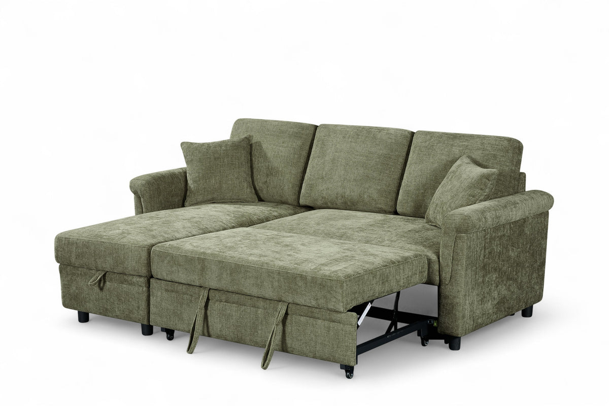 Oscar sofa bed reference – Woven Chenille Green 1C2 Corner Sofabed with Chaise and Storage OSCAR Front Angle Bed