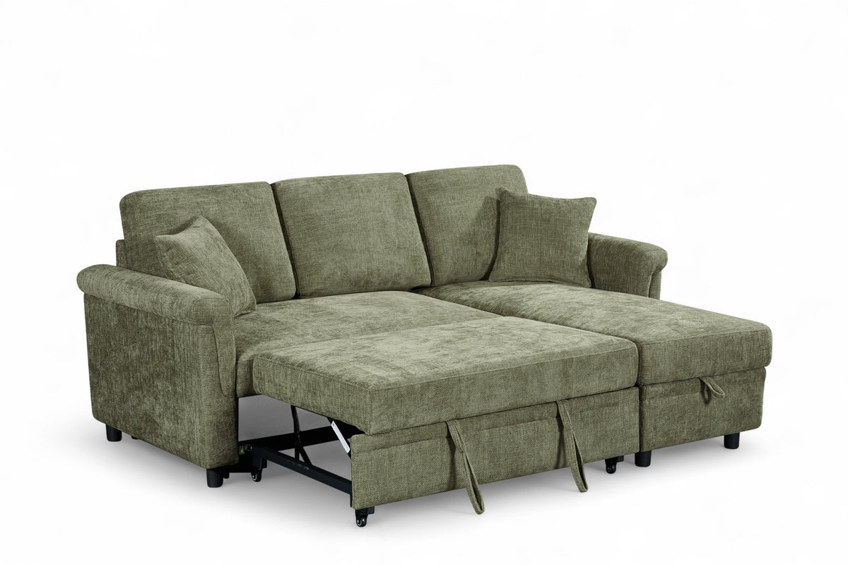 Oscar sofa bed reference – Woven Chenille Green 2C1 Corner Sofabed with Chaise and Storage OSCAR Front Angle Bed Function