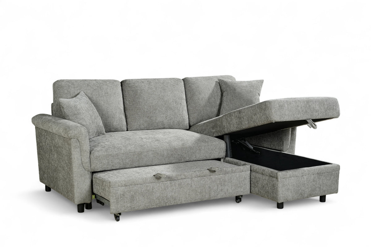 Oscar sofa bed reference – Woven Chenille Grey 2C1 Corner Sofabed with Chaise and Storage OSCAR Front Angle Storage Open