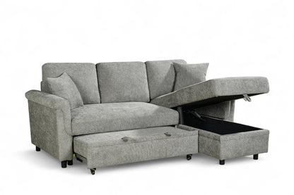 Oscar sofa bed reference – Woven Chenille Grey 2C1 Corner Sofabed with Chaise and Storage OSCAR Front Angle Storage Open