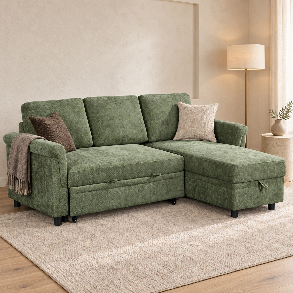 Oscar Green storage corner sofa bed in a luxury living room