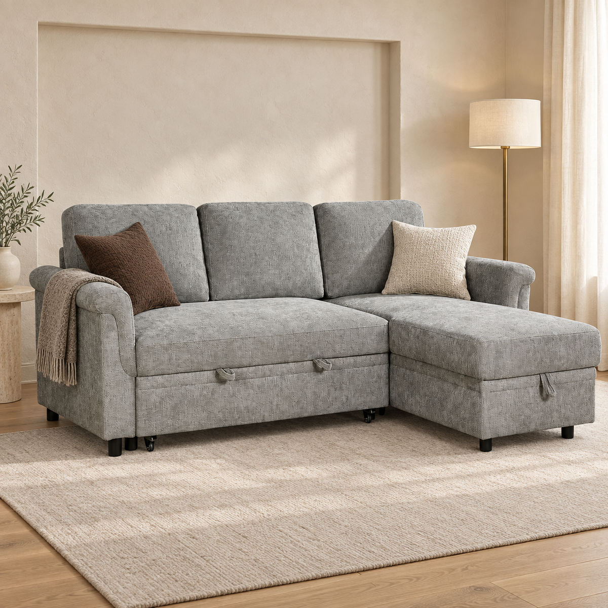 Oscar Grey storage corner sofa bed in a luxury living room