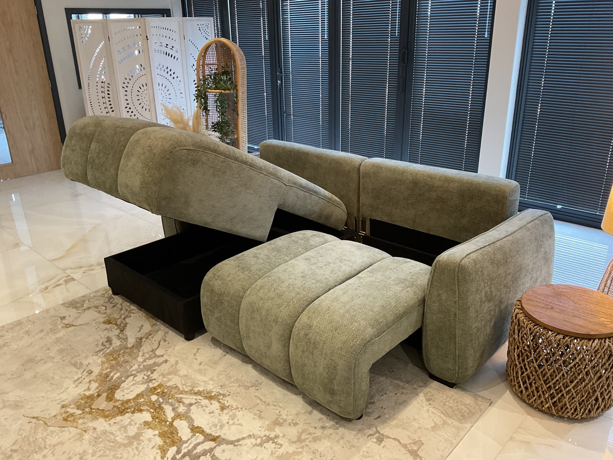 Portland Universal Storage Sofa Bed - Green — two storage compartments open