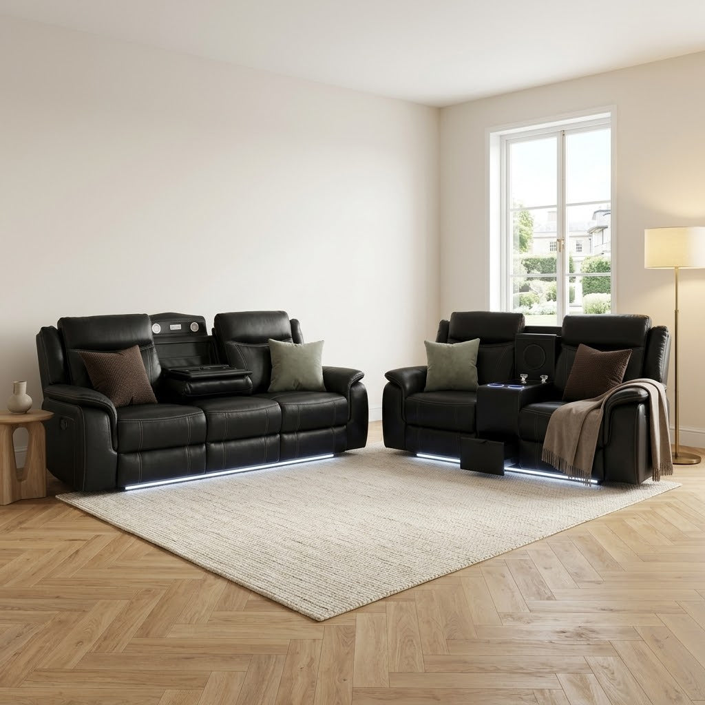 Prada Black Leather Recliner Sofa 3 Plus 2 Seater