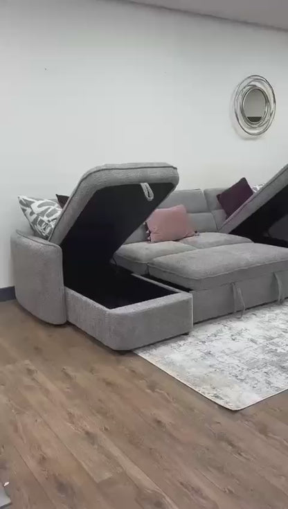 Capri U Shape Sofa Bed With Storage - Grey - Pull Out Sleeper
