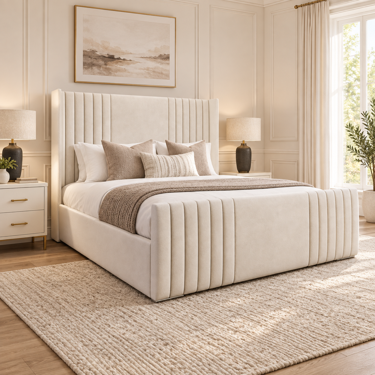 Ravello Wing Bed Frame In Plush Cream, Showing The Headboard And Footboard In A Neutral Bedroom