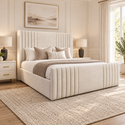 Ravello Wing Bed Frame In Plush Cream, Showing The Headboard And Footboard In A Neutral Bedroom